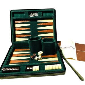 Vintage Reiss Backgammon Set Magnetic Corduroy Green Zip Travel Case Complete